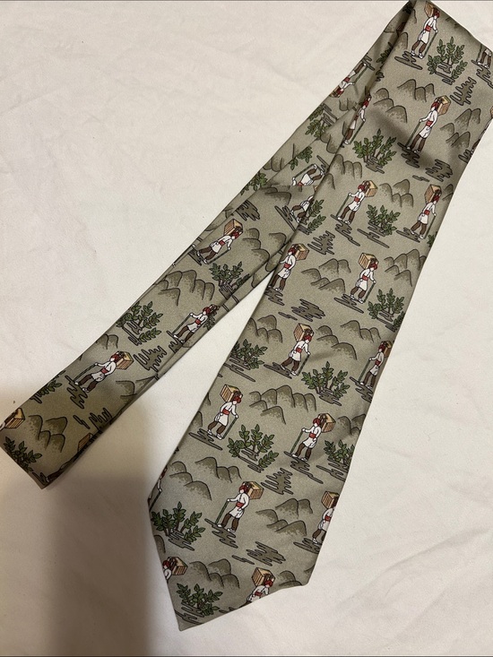 Hermes Other - Hermes Beige Scenic Print Silk Tie with Green and Brown Accents